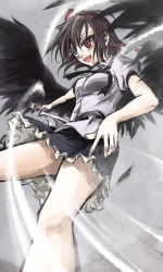 Rule 34 | 1girl, action, black wings, brown hair, card, feathers, female focus, foreshortening, grin, holding, holding card, izana, izana minagi, looking away, perspective, shameimaru aya, shirt, short hair, skirt, smile, solo, spell card, touhou, wings