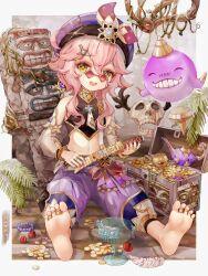 Rule 34 | 1girl, barefoot, beret, black shirt, blue gemstone, blush, border, branch, buxue luo li tang, chalice, child, chinese commentary, chinese text, coin, commentary request, cropped shirt, cup, dagger, detached sleeves, dori (genshin impact), fang, feathers, feet, fingernails, full body, gem, genshin impact, glasses, gold coin, gold trim, hair between eyes, hair ornament, hairclip, harem pants, hat, highres, holding, holding dagger, holding knife, holding weapon, jewelry, jinni (genshin impact), knife, looking at viewer, mask, unworn mask, midriff, nail polish, oil lamp, on ground, open mouth, outside border, pants, pince-nez, pink-tinted eyewear, pink hair, pink nails, plant, puffy detached sleeves, puffy pants, puffy sleeves, purple gemstone, purple headwear, purple pants, red gemstone, ring, see-through, see-through sleeves, shirt, short hair with long locks, sidelocks, skin fang, skull mask, soles, sunglasses, symbol-shaped pupils, tinted eyewear, toe ring, toes, translation request, treasure chest, vines, weapon, white border, white feathers, white sleeves, x-shaped pupils, yellow-framed eyewear, yellow eyes