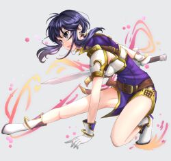 Rule 34 | 1girl, armor, black eyes, black hair, breasts, earrings, fire emblem, fire emblem: genealogy of the holy war, fire emblem heroes, gloves, hand on ground, highres, holding, holding sword, holding weapon, jewelry, larcei (fire emblem), larve, leather belt, nintendo, on one knee, open mouth, pelvic curtain, short hair, short hair with long locks, shoulder armor, small breasts, solo, sword, tankei fm, tassel, tassel earrings, v-shaped eyebrows, weapon, white footwear, white gloves