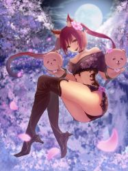 Rule 34 | 1girl, :d, animal ears, black footwear, black panties, boots, breasts, brown eyes, cerberus (shingeki no bahamut), character cutout, cherry blossoms, choker, cleavage, clothing cutout, floating hair, fox ears, full moon, gloves, hand puppet, high heel boots, high heels, highres, large breasts, long hair, looking at viewer, moni chon, moon, navel cutout, open mouth, outdoors, panties, puppet, red hair, shingeki no bahamut, short sleeves, sight, smile, solo, thigh boots, thighhighs, twintails, underwear, very long hair