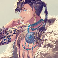 Rule 34 | 1boy, arm tattoo, bead necklace, beads, blue gemstone, braid, brown hair, dark-skinned male, dark skin, earrings, facial tattoo, feather necklace, feathers, finger to mouth, fingernails, gem, grin, hair tubes, hand up, highres, himori yuhara, jewelry, long hair, looking at viewer, male focus, multi-tied hair, multiple braids, neck ring, necklace, original, pelt, ponytail, profile, shawl, sideways glance, smile, solo, tattoo, toned, toned male, tooth earrings, tooth necklace, topless male, upper body