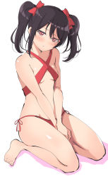 Rule 34 | 1girl, :/, barefoot, between legs, bikini, black hair, blush, bow, breasts, commentary, criss-cross halter, cutie panther, full body, hair between eyes, hair bow, half-closed eyes, halterneck, hand between legs, head tilt, highres, looking at viewer, love live!, love live! school idol project, nipples, pretzel bikini, red bikini, red bow, red eyes, short hair, side-tie bikini bottom, simple background, sitting, small breasts, solo, swimsuit, twintails, v arms, wewe, white background, yazawa nico