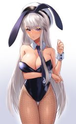 Rule 34 | 1girl, absurdres, animal ears, azur lane, bare shoulders, blush, bow, bowtie, breasts, cleavage, covered navel, detached collar, enterprise (azur lane), fake animal ears, fishnet pantyhose, fishnets, hat, highres, large breasts, leotard, long hair, looking at viewer, lordol, pantyhose, peaked cap, playboy bunny, purple eyes, rabbit ears, silver hair, solo, strapless, strapless leotard, very long hair, wing collar, wrist cuffs