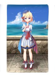 Rule 34 | 1girl, ame., arm behind back, azur lane, beret, blonde hair, blue hat, blue sailor collar, blue sky, blush, boots, bow, closed mouth, cloud, collarbone, commentary request, cross, day, frills, hand up, hat, highres, horizon, iron cross, ocean, outdoors, pink bow, pleated skirt, purple eyes, sailor collar, school uniform, serafuku, shirt, skirt, sky, smile, solo, standing, stone wall, tilted headwear, wall, water, white footwear, white shirt, white skirt, z23 (azur lane)
