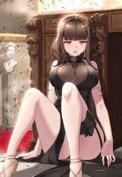 Rule 34 | 1girl, antenna hair, armlet, bare legs, black dress, blood, blunt bangs, breasts, brown hair, choker, dress, dsr-50 (girls&#039; frontline), dsr-50 (highest bid) (girls&#039; frontline), earrings, firing, girls&#039; frontline, gun, handgun, high heels, highres, holster, indoors, jewelry, large breasts, long hair, looking at viewer, narynn, official alternate costume, open mouth, pelvic curtain, pistol, red eyes, ring, sidelocks, sitting, solo, sweat, thigh holster, weapon