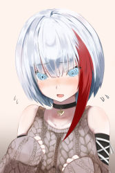 Rule 34 | 1girl, admiral graf spee (azur lane), admiral graf spee (peaceful daily life) (azur lane), aoi minato (aoi3710blueport), aran sweater, azur lane, bad id, bad pixiv id, blue eyes, blunt bangs, blush, breasts, cable knit, choker, detached sleeves, embarrassed, flying sweatdrops, hands up, heart, heart choker, highres, looking at viewer, multicolored hair, open mouth, red hair, revision, ringed eyes, short hair, sidelocks, silver hair, sleeves past wrists, solo, streaked hair, sweater, upper body