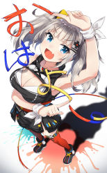 Rule 34 | 1girl, :d, arm up, armpits, black dress, blue eyes, blush, breasts, cleavage, cleavage cutout, clothing cutout, dress, fang, full body, hair ornament, highres, kaguya luna, large breasts, looking at viewer, obi, open mouth, otousan952, paint, red thighhighs, ribbon, sash, shadow, short hair, silver hair, smile, solo, standing, the moon studio, thighhighs, twintails, virtual youtuber, white background, white ribbon, wrist ribbon, x hair ornament