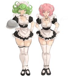 Rule 34 | 2girls, :o, alternate breast size, alternate costume, apron, black choker, black dress, black footwear, breasts, choker, cleavage, collarbone, commentary, crossover, doki doki literature club, dress, enmaided, gloves, green eyes, green hair, hair ornament, hairclip, hand on own hip, highres, holding, holding tray, light frown, looking at viewer, maid, medium breasts, medium hair, multiple girls, natsuki (doki doki literature club), one-punch man, open mouth, pink eyes, pink hair, rakeemspoon, shoes, short dress, short hair, simple background, sketch, standing, tatsumaki, thighhighs, tray, waist apron, white background, white gloves, zettai ryouiki