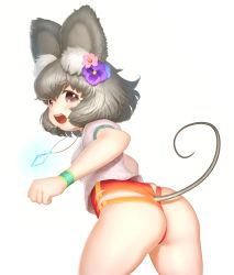 Rule 34 | 1girl, absurdres, animal ears, ass, blush, breasts, flower, grey hair, hair flower, hair ornament, highres, jewelry, leotard, looking at viewer, moomin, moomintroll, mouse ears, mouse tail, nazrin, open mouth, pendant, red eyes, short hair, simple background, skindentation, solo, tail, touhou, white background, yonaki