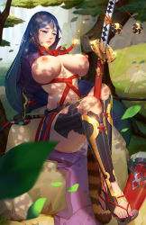 Rule 34 | 1girl, baschyf, black gloves, blue eyes, blue hair, branch, breasts, closed mouth, commentary request, crying, crying with eyes open, curvy, falling leaves, fate/grand order, fate (series), fingerless gloves, gloves, grass, highres, holding, holding sword, holding weapon, katana, large breasts, leaf, loincloth, long hair, minamoto no raikou (fate), navel, outdoors, parted bangs, ribbed sleeves, rock, rope, sandals, sitting, sword, tabard, tears, topless, tree, very long hair, weapon