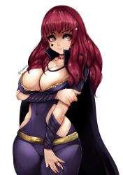 Rule 34 | 1girl, belt, black cape, breasts, cape, cleavage, clothing cutout, commentary, covered navel, cowboy shot, facial mark, fire emblem, fire emblem engage, hand on own thigh, highres, hip vent, jewelry, large breasts, long hair, looking at viewer, nintendo, purple eyes, red hair, ring, short sleeves, side cutout, simple background, sizebrush, smile, solo, standing, star (symbol), thighs, white background, yunaka (fire emblem)