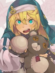 Rule 34 | 1boy, aaaaa aa aaa a, androgyne symbol, anger vein, angry, blonde hair, blue eyes, bridget (guilty gear), guilty gear, guilty gear strive, highres, holding, holding stuffed toy, hood, hooded jacket, jacket, light blush, looking at viewer, nun, open mouth, roger (guilty gear), solo, solo focus, stuffed animal, stuffed toy, teddy bear, trap