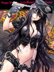 Rule 34 | 1girl, beatrix bremer, belt, beta (muv-luv), birthday, black hair, breasts, character name, cleavage, clothes pull, covered erect nipples, crop top, cuffs, dated, dutch angle, finger on trigger, fingerless gloves, gloves, gun, handcuffs, handgun, happy birthday, hat, large breasts, lipstick, long hair, looking at viewer, makeup, muv-luv, muv-luv alternative, navel, official art, parted lips, peaked cap, pistol, police, police hat, police uniform, policewoman, pulled by self, red eyes, red lips, schwarzesmarken, short shorts, short sleeves, shorts, shorts pull, skindentation, smile, solo, soyosoyo, standing, teeth, text focus, thong, uniform, very long hair, weapon, when you see it
