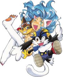 Rule 34 | 1girl, 2boys, animal ears, bare shoulders, big hair, black fur, blue eyes, blue hair, blue headwear, blush, breasts, cabbit, capcom, cat ears, cat tail, fang, felicia (vampire), furry, furry male, goggles, guntz, hand on headwear, highres, jacket, kaze no klonoa, klonoa, multiple boys, one eye closed, open mouth, pointy ears, red footwear, red jacket, smile, tail, thighs, transparent background, vampire (game), white fur