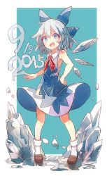 Rule 34 | &gt;:d, 1girl, 60mai, :d, adapted costume, bare arms, bare shoulders, blue eyes, blue hair, blush, bobby socks, cirno, dress, fang, ice, ice wings, loafers, looking at viewer, matching hair/eyes, melting, no shirt, open mouth, shoes, short hair, simple background, sleeveless, sleeveless dress, smile, socks, solo, touhou, v-shaped eyebrows, wings