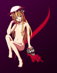 Rule 34 | 1girl, blood, breasts, collarbone, commentary request, gap (touhou), hair between eyes, hand in own hair, hat, hat ribbon, kanae yarushi, legs, long eyelashes, long hair, mob cap, navel, nude, open mouth, purple background, purple eyes, ribbon, shiny skin, simple background, skull, small breasts, smile, solo, thighs, toes, touhou, very long hair, yakumo yukari