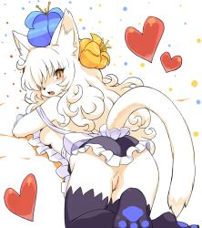 Rule 34 | 1girl, animal ear fluff, animal ears, animal nose, apron, black thighhighs, blue flower, blush, body fur, breasts, cat, cat ears, cat girl, cat tail, commentary request, cowlick, fang, flower, furry, furry female, hair between eyes, hair flower, hair ornament, heart, long hair, looking at viewer, looking back, lying, naked apron, on stomach, open mouth, original, partial commentary, pawpads, pussy, red flower, sideboob, simple background, slit pupils, small breasts, solo, tail, thighhighs, white background, white fur, white hair, wkar, yellow eyes, yellow flower