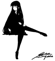Rule 34 | 1girl, black hair, crossed legs, eu03, female protagonist (houkago play), greyscale, hand on own knee, houkago play, invisible chair, long hair, looking at viewer, monochrome, pantyhose, school uniform, signature, simple background, sitting, solo, very long hair, white background