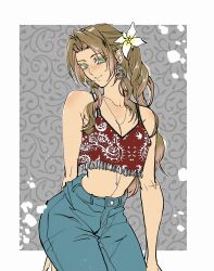 Rule 34 | 1girl, aerith gainsborough, alternate costume, arm behind back, bare arms, blue pants, border, breasts, brown hair, cleavage, closed mouth, cowboy shot, crop top, dangle earrings, denim, earrings, eni (yoyogieni), final fantasy, final fantasy vii, final fantasy vii remake, flower, green eyes, grey background, hair flower, hair ornament, highres, jeans, jewelry, lily (flower), long hair, looking at viewer, medium breasts, midriff, navel, necklace, pants, parted bangs, ponytail, red shirt, shirt, sidelocks, sleeveless, sleeveless shirt, smile, solo, tan, wavy hair, white border