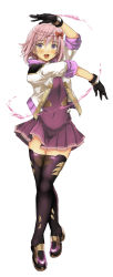 Rule 34 | 1girl, absurdres, black footwear, black gloves, bow, breasts, dress, garimpeiro, gloves, hair bow, highres, jacket, open hands, open mouth, original, purple dress, purple eyes, purple hair, red bow, short hair, small breasts, smile, solo, thighhighs, white background, white jacket