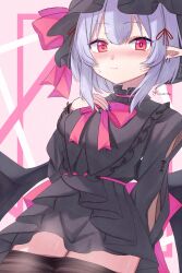 Rule 34 | 1girl, absurdres, bat wings, black hat, black shirt, black skirt, black thighhighs, blush, bow, bowtie, closed mouth, commentary request, cowboy shot, hat, highres, katsukare, long sleeves, looking at viewer, mob cap, pink background, pointy ears, purple hair, red bow, red bowtie, red eyes, remilia scarlet, shirt, short hair, sidelocks, skirt, solo, sweat, thighhighs, touhou, wings