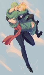 Rule 34 | 2boys, blonde hair, blush, carrying, carrying person, cloud, cloudy sky, embarrassed, closed eyes, facial hair, formal, green hair, hair over one eye, hannitee, highres, japanese clothes, looking at another, male focus, multiple boys, one piece, princess carry, roronoa zoro, sanji (one piece), shirt, short hair, sky, smile, suit, yaoi
