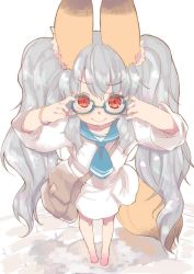 Rule 34 | 1girl, animal ear fluff, animal ears, azuki akizuki, bag, blue-framed eyewear, blue neckwear, blue sailor collar, closed mouth, collarbone, commentary request, copyright request, dress, fox ears, fox girl, fox tail, full body, glasses, grey hair, hands up, long hair, long sleeves, looking at viewer, red eyes, sailor collar, sailor dress, semi-rimless eyewear, shoulder bag, smile, solo, standing, tail, twintails, under-rim eyewear, very long hair, white dress