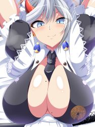 Rule 34 | 1girl, aokura shou, apron, arms up, asymmetrical horns, azur lane, between breasts, black necktie, blue gemstone, breasts, center opening, dragon girl, earrings, gem, hakuryuu (azur lane), hakuryuu (slice dice and serve) (azur lane), highres, horns, jewelry, large breasts, maid headdress, mismatched horns, mole, mole on breast, multiple horns, necktie, necktie between breasts, official alternate costume, red horns, slit pupils, smile, solo, sword, sword behind back, weapon, white apron, white eyes, white hair