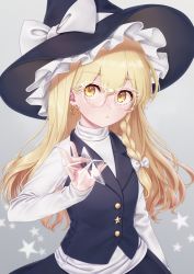 Rule 34 | 1girl, bespectacled, black hat, black skirt, black vest, blonde hair, bow, braid, commentary request, glasses, grey background, hair between eyes, hair bow, hat, hat bow, highres, holding, kirisame marisa, long hair, long sleeves, looking at viewer, shirt, single braid, skirt, skirt set, solo, star (symbol), torinari (dtvisu), touhou, upper body, vest, white bow, white shirt, witch hat, yellow eyes