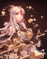Rule 34 | 1girl, absurdres, bare shoulders, black gloves, breasts, china dress, chinese clothes, claw ring, detached sleeves, dress, elbow gloves, flower, gang beng er, gem, genshin impact, gloves, hair ornament, hairpin, highres, large breasts, long hair, looking at viewer, ningguang (genshin impact), red eyes, rock, sidelocks, simple background, smile, solo, very long hair, white flower, white hair
