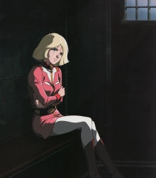 Rule 34 | 1girl, blonde hair, boots, cell, crossed arms, female focus, gundam, highres, indoors, military, military uniform, mobile suit gundam, official art, sayla mass, sitting, solo, tears, uniform