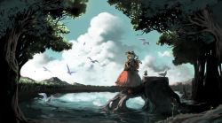 Rule 34 | 2girls, bird, cloud, day, female focus, medicine melancholy, multiple girls, nature, outdoors, plant, reflection, scenery, sky, standing, su-san, touhou, tree, water