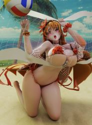 Rule 34 | 1girl, 3d, anemone (destiny child), armpits, arms up, artist request, bad link, ball, beach volleyball, bikini, bracelet, brown hair, choker, destiny child, flower, frilled bikini, frills, hair flower, hair ornament, headband, highleg, highleg bikini, highres, jewelry, midriff, navel, net, open mouth, playing sports, red bikini, red eyes, sand, scrunchie, skindentation, sweat, swimsuit, thighs, volleyball, volleyball (object), whistle, whistle around neck, wrist scrunchie