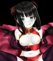 Rule 34 | 1girl, black hair, breasts, chinese clothes, corona-chan, coronavirus, demon wings, elbow gloves, gloves, green eyes, licking lips, nipples, picantium, thighhighs, tongue, tongue out, wings