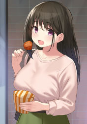 Rule 34 | 1girl, breasts, brown hair, cccpo, collarbone, commentary request, food, highres, holding, holding food, large breasts, long hair, long sleeves, open mouth, original, purple eyes, smile, solo