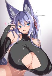 Rule 34 | 1girl, absurdres, animal ears, blue eyes, breasts, cleavage cutout, clothing cutout, covered erect nipples, detached sleeves, fingerless gloves, gloves, highres, huge breasts, indigo (tylwing), midriff, original, purple hair, ribbon, seductive smile, smile, standing, tail, twintails, tylwing, white background