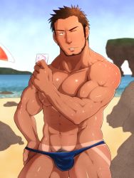 Rule 34 | 1boy, abs, bara, beach, blue male swimwear, body hair, bulge, character request, condom, copyright request, crotch, highres, male focus, male swimwear, muscular, one eye closed, outdoors, pectorals, presenting, sakana jaku, solo, source request, swimsuit, tan, tanline, thong, wink