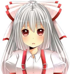 Rule 34 | 1girl, bad id, bad pixiv id, bow, dress shirt, face, female focus, fujiwara no mokou, hair bow, heart, heart-shaped pupils, long hair, looking at viewer, red eyes, shirt, simple background, solo, suspenders, symbol-shaped pupils, touhou, very long hair, white background, white hair, yamasuta
