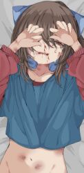 Rule 34 | 1girl, absurdres, bed sheet, blood, blood from mouth, blue bow, bow, brown hair, bruise, bruised eye, commentary request, covering own eyes, crying, crying with eyes open, empty eyes, fang, groin, hair bow, highres, injury, lying, medium hair, mushoku loli, mushoku loli (character), navel, nosebleed, off-shoulder shirt, off shoulder, on back, on bed, original, parted lips, shirt, skin fang, solo, stomach, strangulation mark, tears, upper body