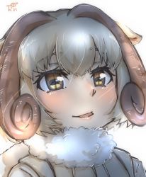 Rule 34 | 1girl, animal ears, backlighting, blonde hair, commentary, eye focus, eye reflection, fur collar, highres, horizontal pupils, horns, kemono friends, looking away, parted lips, portrait, reflection, sheep (kemono friends), sheep ears, sheep girl, sheep horns, short hair, simple background, smile, solo, thin (suzuneya), white background, wind turbine, windmill, yellow eyes