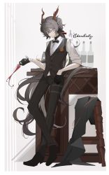 Rule 34 | 1boy, absurdres, alcohol, animal ears, arknights, bishounen, black gloves, black hair, bottle, bow, bowtie, cup, drinking glass, ebenholz (arknights), full body, glass, gloves, goat boy, goat ears, goat horns, hana soretsu, highres, horns, long hair, looking at viewer, male focus, purple eyes, ribbon, shirt, solo, spill, vest, white shirt, wine, wine bottle, wine glass