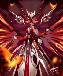 Rule 34 | 1girl, artist name, bare shoulders, black nails, blonde hair, breasts, bug, butterfly wings, cleavage, clip studio paint (medium), collarbone, commentary, covered eyes, crimson lotus moth (genshin impact), dress, english commentary, fire, genshin impact, insect wings, large breasts, long hair, mask, nail polish, ponytail, red dress, signora (crimson witch of embers) (genshin impact), signora (genshin impact), silberein, solo, very long hair, wacom, wings