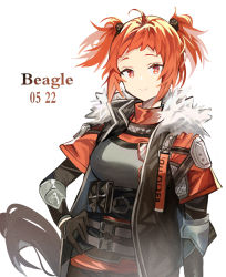Rule 34 | 1girl, ahoge, arknights, armor, bad id, bad pixiv id, beagle (arknights), beagle (dreadnaught) (arknights), belt, belt pouch, black gloves, black jacket, breasts, character name, closed mouth, commentary, cowboy shot, dated, dog tail, elbow pads, female focus, fur-trimmed jacket, fur trim, gloves, hand on own hip, jacket, looking at viewer, medium breasts, medium hair, multiple belts, official alternate costume, open clothes, open jacket, orange eyes, orange hair, orange shirt, pouch, shirt, shoulder armor, simple background, smile, solo, tail, taka (pixiv 21523638), turtleneck, twintails, white background