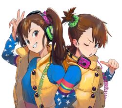 Rule 34 | 2girls, blue shirt, brown eyes, brown hair, coat, commentary, futami ami, futami mami, grin, headphones, idolmaster, idolmaster (classic), idolmaster million live!, locked arms, long sleeves, medium hair, multiple girls, one eye closed, open mouth, pointing, pointing at self, scrunchie, shirt, siblings, side ponytail, sisters, sleeveless, sleeveless coat, smile, some1else45, symbol-only commentary, twins, upper body, v, white background, yellow coat