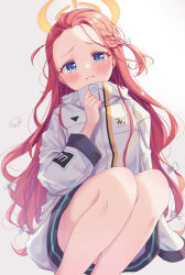 Rule 34 | 1girl, bangs pinned back, blue archive, blue eyes, bottomless, bow, braid, breast pocket, feet out of frame, furrowed brow, gradient background, hair bow, halo, hand up, head tilt, highres, jacket, light blush, light frown, long hair, looking at viewer, messy hair, orange halo, oversized clothes, pink background, pink hair, pocket, print jacket, signature, simple background, single braid, squatting, sugutsuka rerun, tareme, turtleneck, very long hair, wavy hair, white bow, white jacket, yuzu (blue archive)