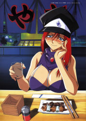 Rule 34 | 00s, 1girl, absurdres, bare shoulders, blush, breasts, drunk, female focus, food, forte stollen, galaxy angel, highres, huge breasts, indoors, kimura masahiro, looking at viewer, monocle, night, red hair, scan, shiny skin, short hair, sleeveless, smile, solo
