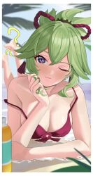 Rule 34 | 1girl, ?, absurdres, bare arms, bare shoulders, beach, bikini, bottle, breasts, cleavage, commentary, genshin impact, green hair, haerge, highres, kuki shinobu, large breasts, lying, on stomach, one eye closed, ponytail, purple eyes, red bikini, revision, short hair, solo, strap slip, swimsuit, water bottle