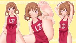 Rule 34 | 1girl, apron, barefoot, brown hair, delicious party precure, feet, foot up, hanamichi ran, hinosaki, light blush, long hair, looking at viewer, naked apron, one eye closed, open mouth, ponytail, precure, red eyes, smile, soles, thighs, toes, wink