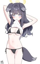 Rule 34 | 1girl, animal ears, artist name, black hair, blue archive, blue eyes, blush, breasts, camisole, camisole lift, closed mouth, clothes lift, cowboy shot, dated, dog ears, groin, halo, hibiki (blue archive), highres, lifting own clothes, long hair, looking at viewer, medium breasts, myeolchi, navel, signature, simple background, solo, white background, white camisole, yellow halo