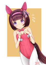 Rule 34 | animal ears, black hair, breasts, cleavage, collarbone, commentary request, hair ornament, headband, highres, horse ears, horse tail, leotard, looking at viewer, nishino flower (umamusume), pantyhose, playboy bunny, purple eyes, short hair, signature, simple background, small breasts, solo, sweat, nervous sweating, tail, tochinosuke, umamusume, x hair ornament